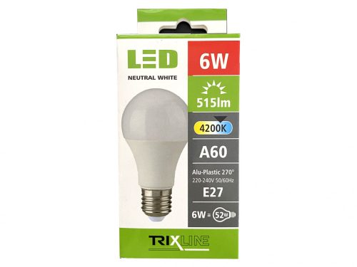 Trixline LED izzó gömb 6W-A60-E27-4200K-515lm - SEMLEGES fehér
