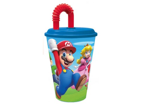 Super Mario Mushroom Kingdom szívószálas műanyag pohár 430 ml